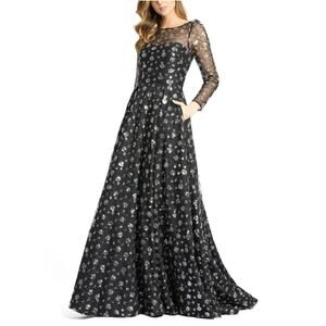 Mac Duggal Gown 12360D Sequin Lace Long Sleeve Formal Black & Silver Size 8
